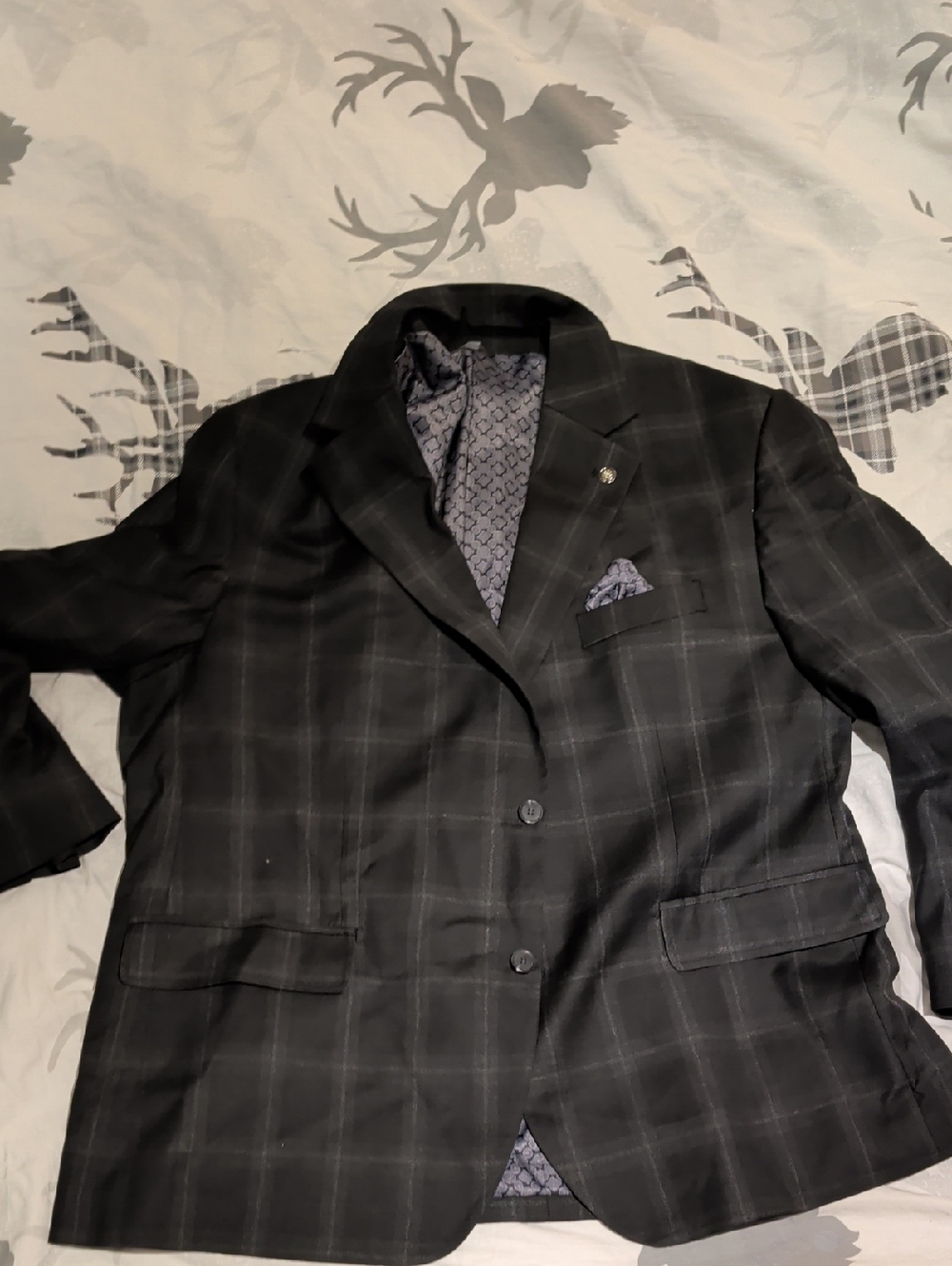 Men's Black Windowpane Blazer with Patterned Lining